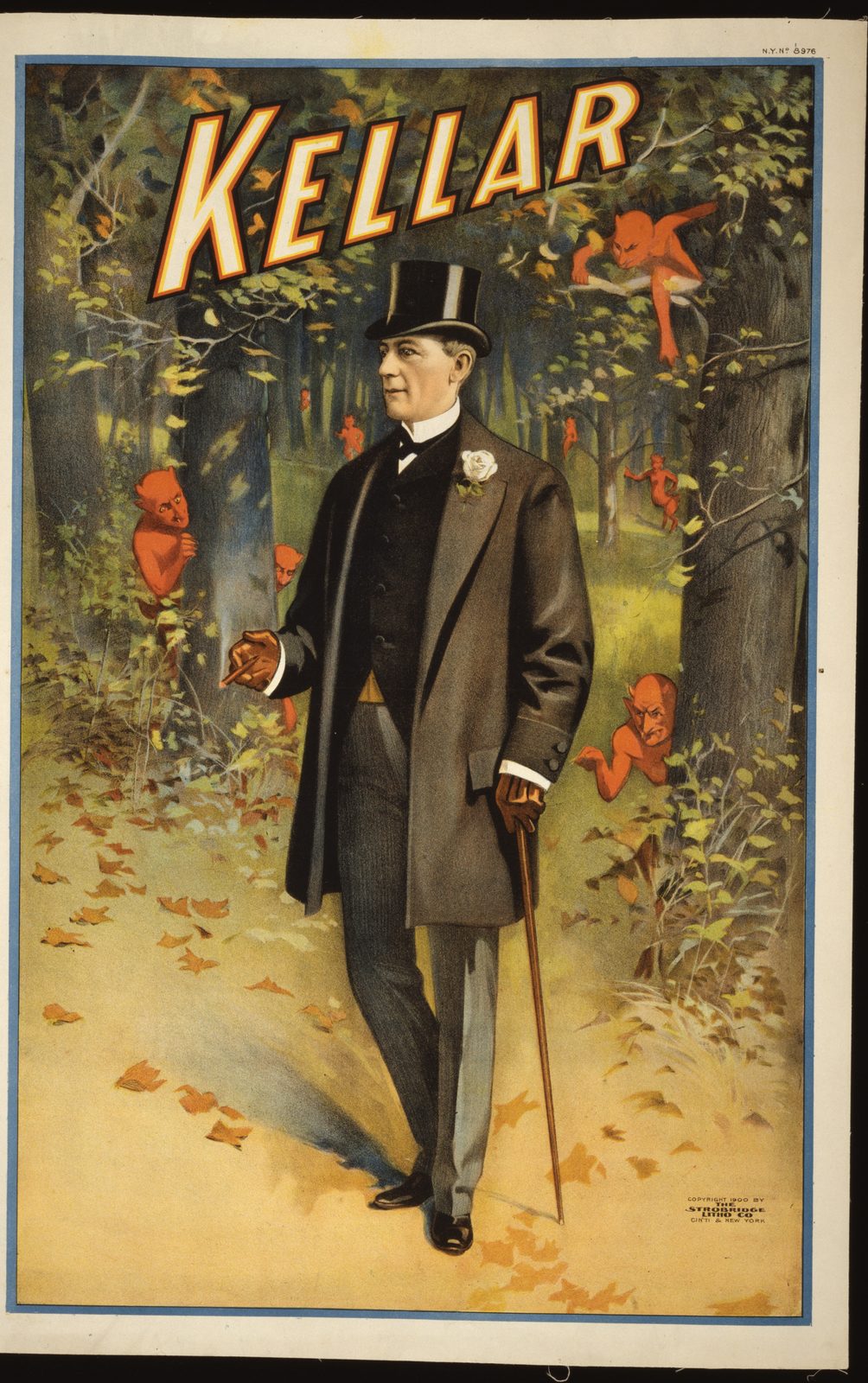 Kellar with imps in the woods — Strobridge lithograph