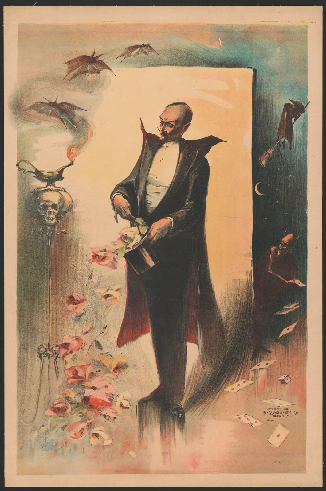 Magician conjuring roses from a hat — Calvert lithograph