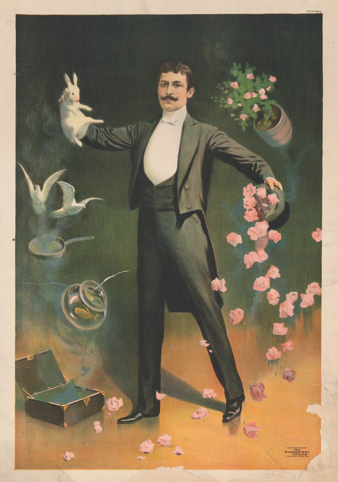 Zan Zig conjuring a rabbit and roses — chromolithograph